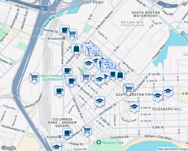map of restaurants, bars, coffee shops, grocery stores, and more near 205 D Street in Boston