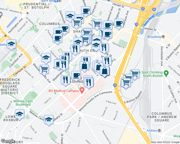 map of restaurants, bars, coffee shops, grocery stores, and more near in Boston