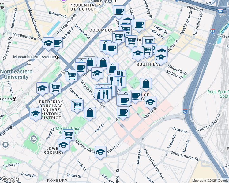map of restaurants, bars, coffee shops, grocery stores, and more near 1718 Washington Street in Boston