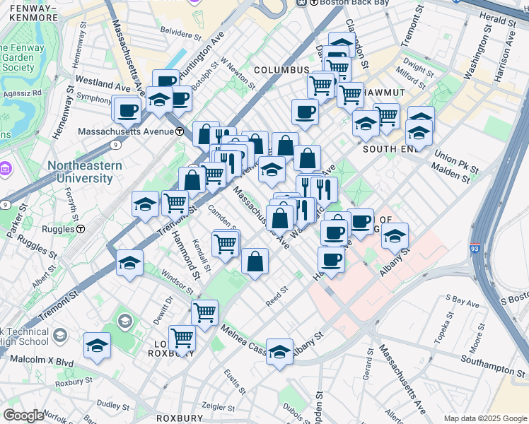 map of restaurants, bars, coffee shops, grocery stores, and more near 179 Northampton Street in Boston