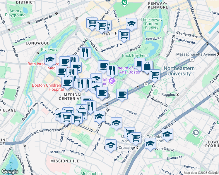 map of restaurants, bars, coffee shops, grocery stores, and more near 115 Palace Road in Boston