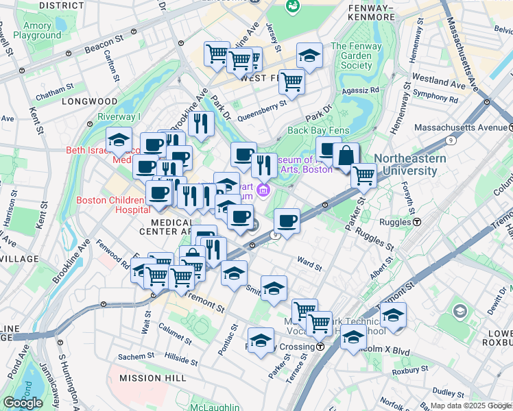 map of restaurants, bars, coffee shops, grocery stores, and more near 115 Palace Road in Boston