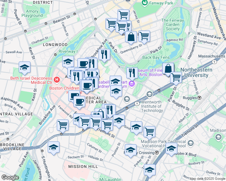map of restaurants, bars, coffee shops, grocery stores, and more near 181 Longwood Avenue in Boston