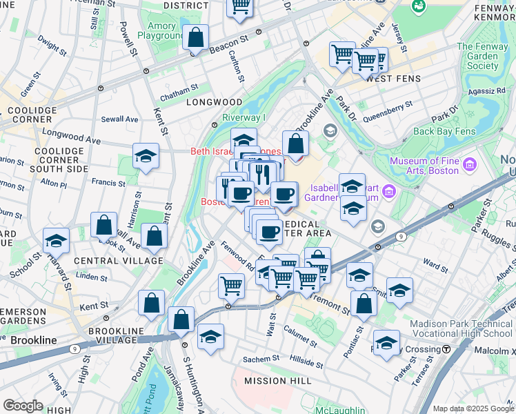 map of restaurants, bars, coffee shops, grocery stores, and more near one Jimmy Fund Way in Boston