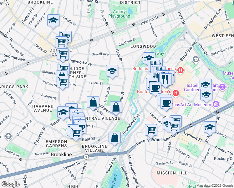 map of restaurants, bars, coffee shops, grocery stores, and more near 186 Kent Street in Brookline