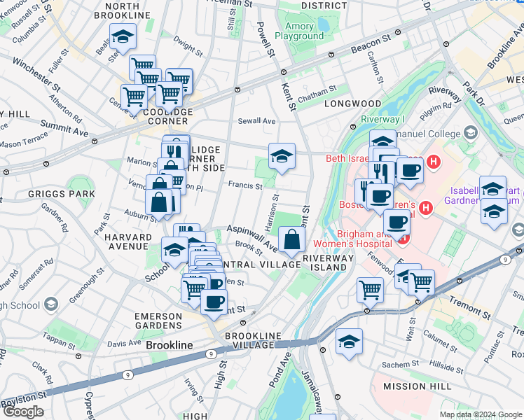 map of restaurants, bars, coffee shops, grocery stores, and more near 32 Harrison Street in Brookline