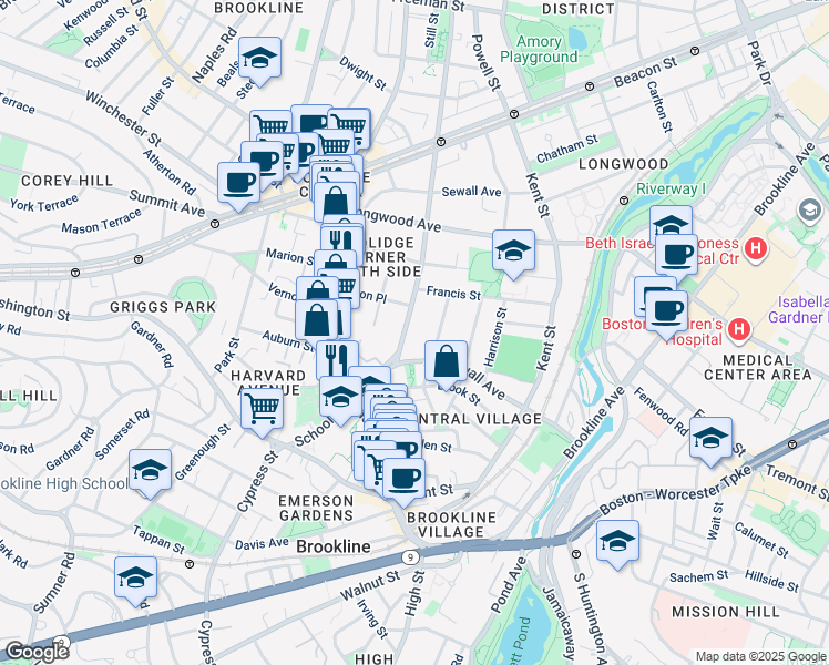 map of restaurants, bars, coffee shops, grocery stores, and more near 15 Saint Paul Street in Brookline