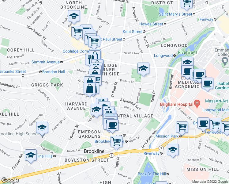 map of restaurants, bars, coffee shops, grocery stores, and more near 15 Saint Paul Street in Brookline