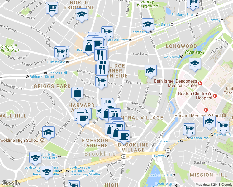 map of restaurants, bars, coffee shops, grocery stores, and more near 28 Saint Paul Street in Brookline