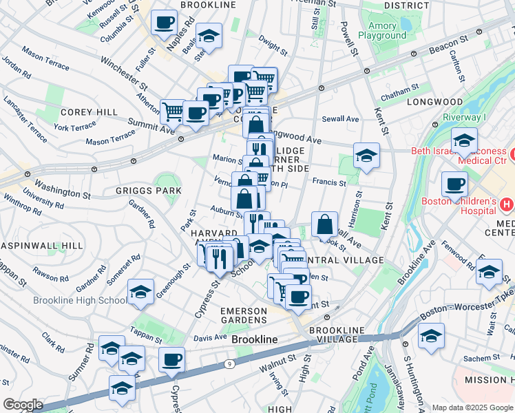 map of restaurants, bars, coffee shops, grocery stores, and more near 137 Harvard Street in Brookline
