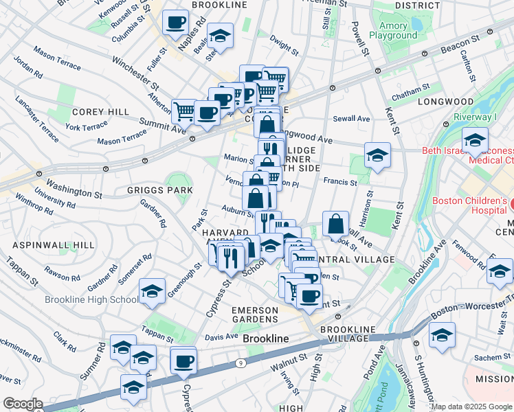 map of restaurants, bars, coffee shops, grocery stores, and more near 137 Harvard Street in Brookline