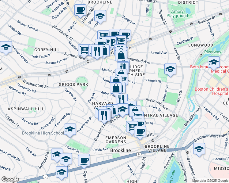 map of restaurants, bars, coffee shops, grocery stores, and more near 2 Washburn Place in Brookline