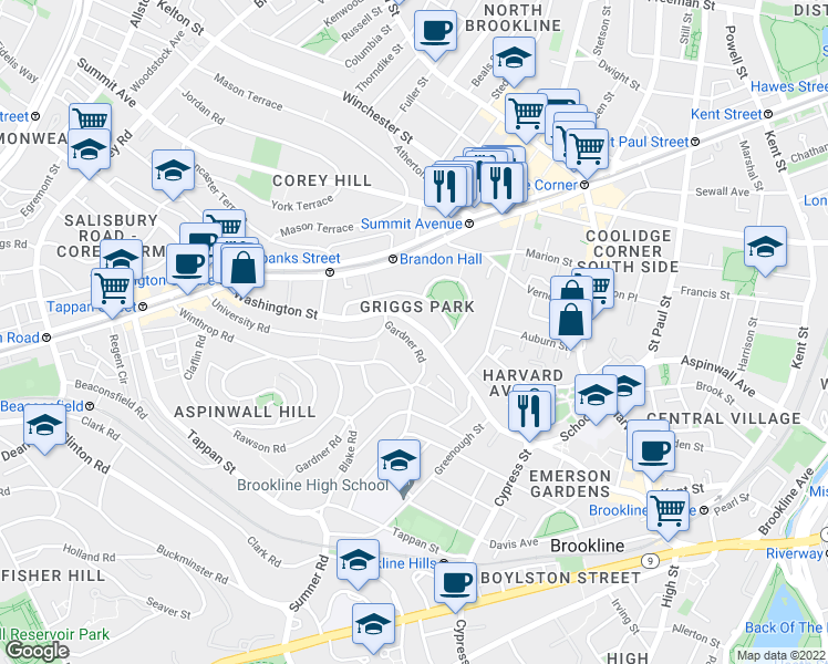 map of restaurants, bars, coffee shops, grocery stores, and more near 25 Gardner Road in Brookline