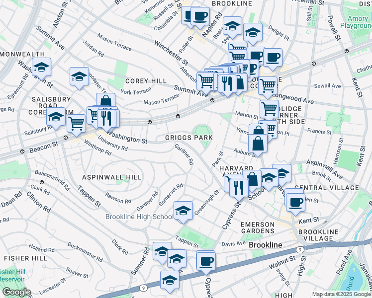 map of restaurants, bars, coffee shops, grocery stores, and more near 25 Gardner Road in Brookline