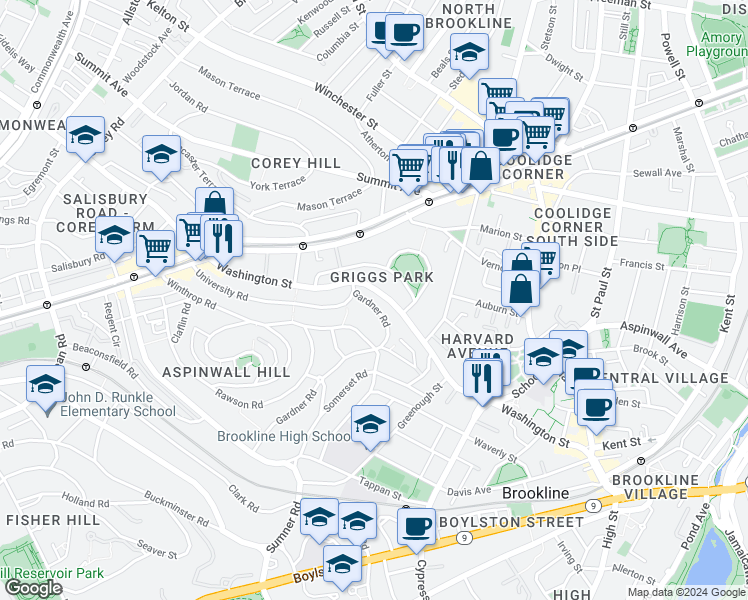 map of restaurants, bars, coffee shops, grocery stores, and more near 25 Gardner Road in Brookline