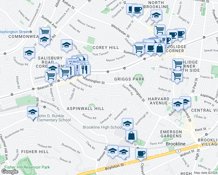 map of restaurants, bars, coffee shops, grocery stores, and more near 107 University Road in Brookline