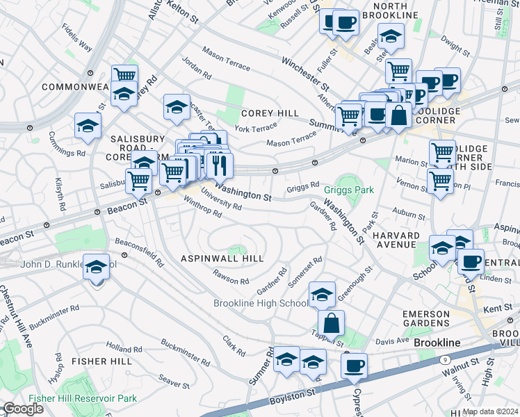 map of restaurants, bars, coffee shops, grocery stores, and more near 107 University Road in Brookline