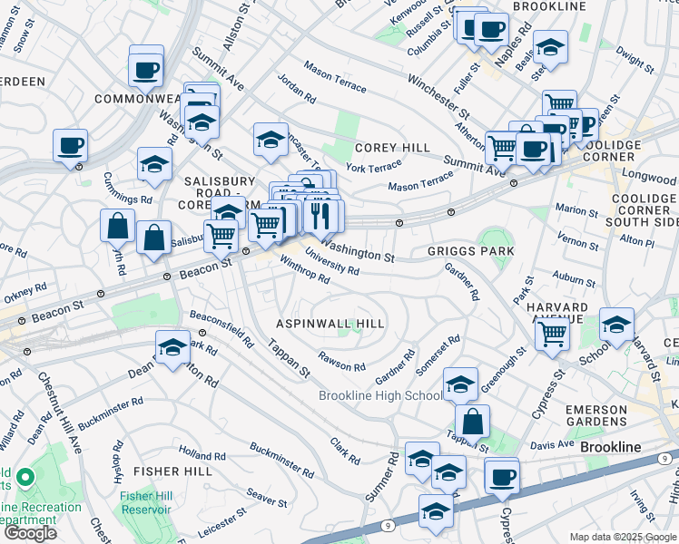 map of restaurants, bars, coffee shops, grocery stores, and more near 148 Winthrop Road in Brookline