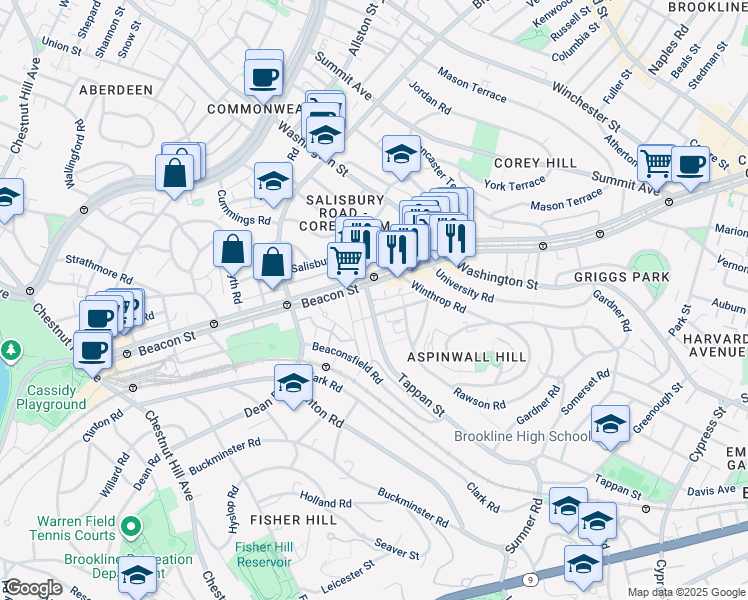 map of restaurants, bars, coffee shops, grocery stores, and more near 1717 Beacon Street in Brookline