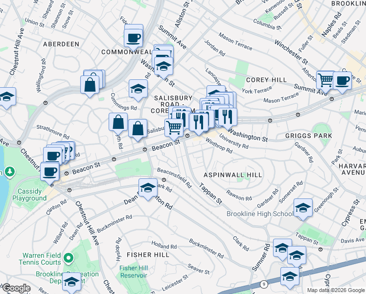 map of restaurants, bars, coffee shops, grocery stores, and more near 1717 Beacon Street in Brookline