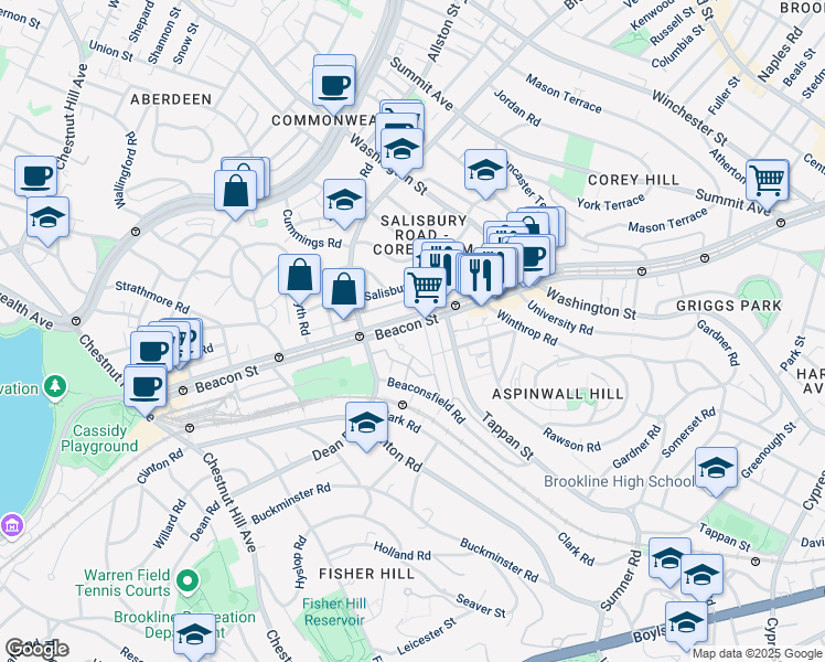 map of restaurants, bars, coffee shops, grocery stores, and more near in Brookline