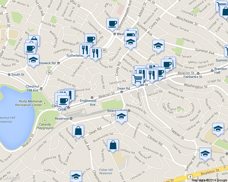 map of restaurants, bars, coffee shops, grocery stores, and more near 1804 Beacon Street in Brookline