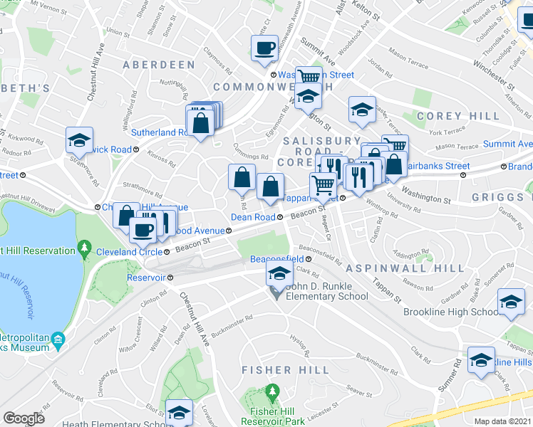 map of restaurants, bars, coffee shops, grocery stores, and more near 1804 Beacon Street in Brookline