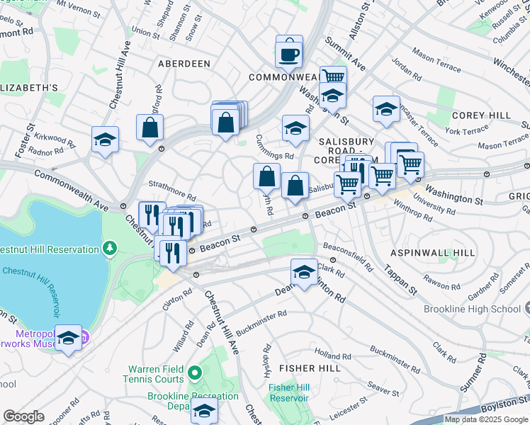 map of restaurants, bars, coffee shops, grocery stores, and more near in Brookline