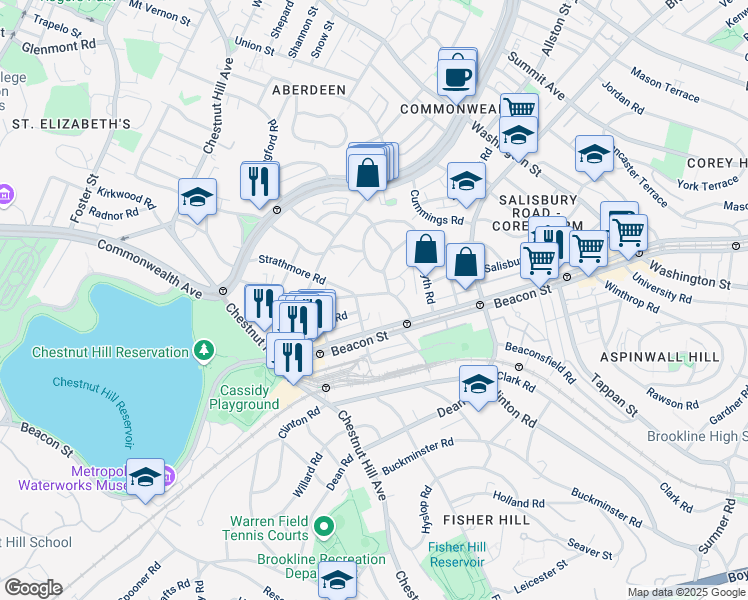 map of restaurants, bars, coffee shops, grocery stores, and more near 1 Reservoir Court in Brookline