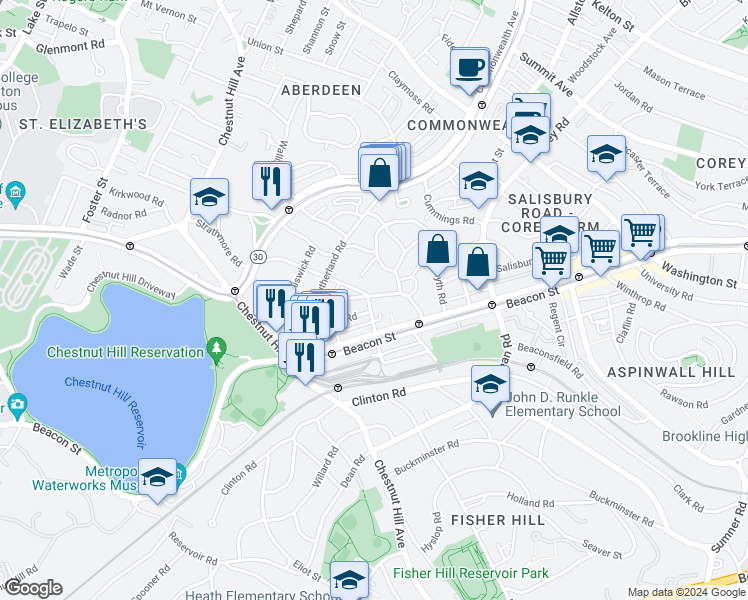map of restaurants, bars, coffee shops, grocery stores, and more near 1 Reservoir Court in Brookline