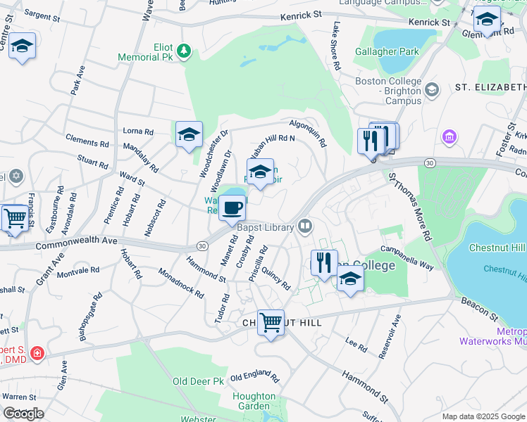 map of restaurants, bars, coffee shops, grocery stores, and more near 191 Commonwealth Avenue in Newton
