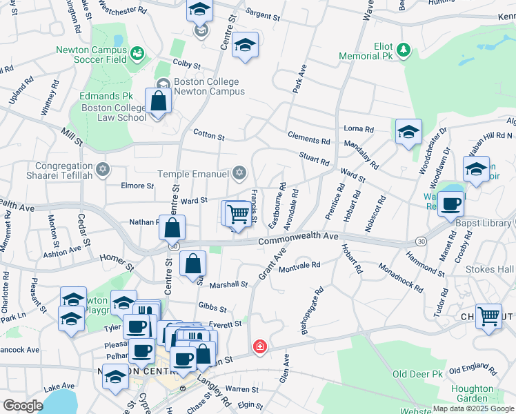 map of restaurants, bars, coffee shops, grocery stores, and more near 12 Garner Street in Newton