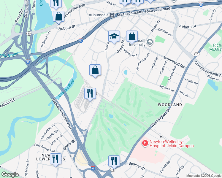 map of restaurants, bars, coffee shops, grocery stores, and more near 282 Grove Street in Newton