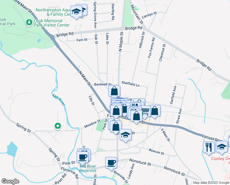 map of restaurants, bars, coffee shops, grocery stores, and more near 45-55 North Maple Street in Northampton
