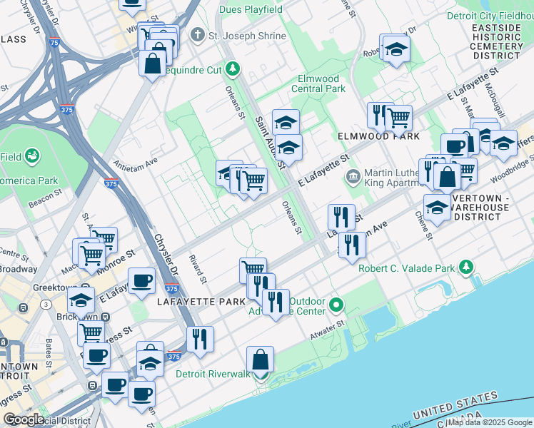 map of restaurants, bars, coffee shops, grocery stores, and more near 621 Ducharme Place in Detroit
