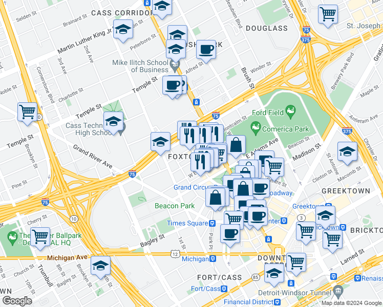 map of restaurants, bars, coffee shops, grocery stores, and more near 101 West Columbia Street in Detroit