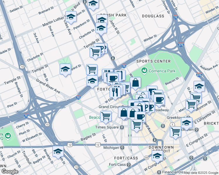 map of restaurants, bars, coffee shops, grocery stores, and more near 101 West Columbia Street in Detroit