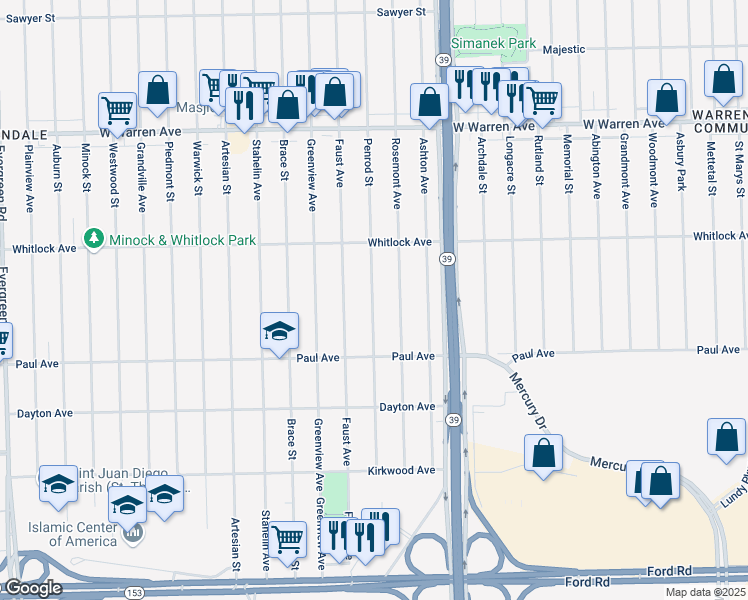 map of restaurants, bars, coffee shops, grocery stores, and more near 6390 Faust Avenue in Detroit