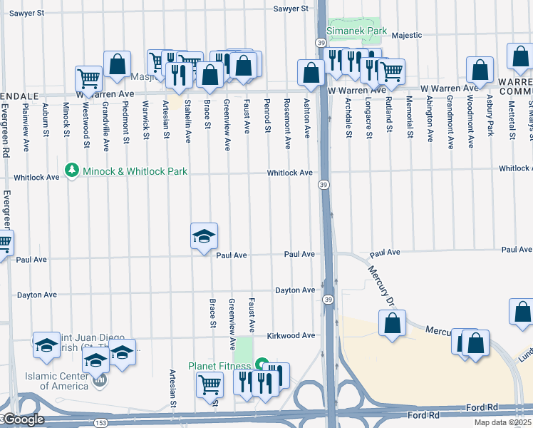 map of restaurants, bars, coffee shops, grocery stores, and more near 6390 Faust Avenue in Detroit