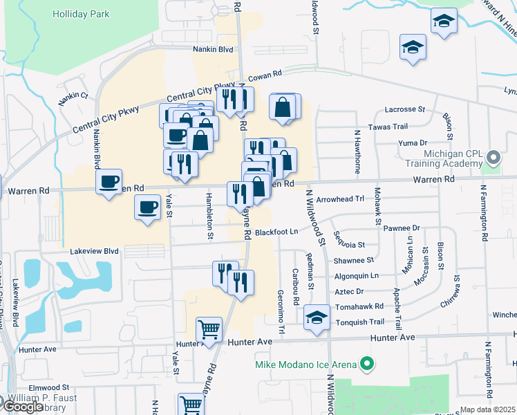 map of restaurants, bars, coffee shops, grocery stores, and more near 7040 North Wayne Road in Westland