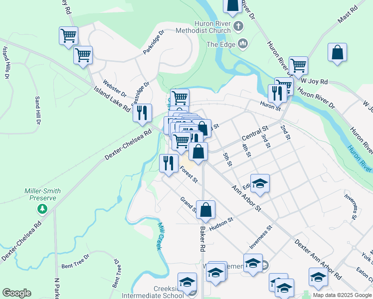 map of restaurants, bars, coffee shops, grocery stores, and more near 8081 Main Street in Dexter