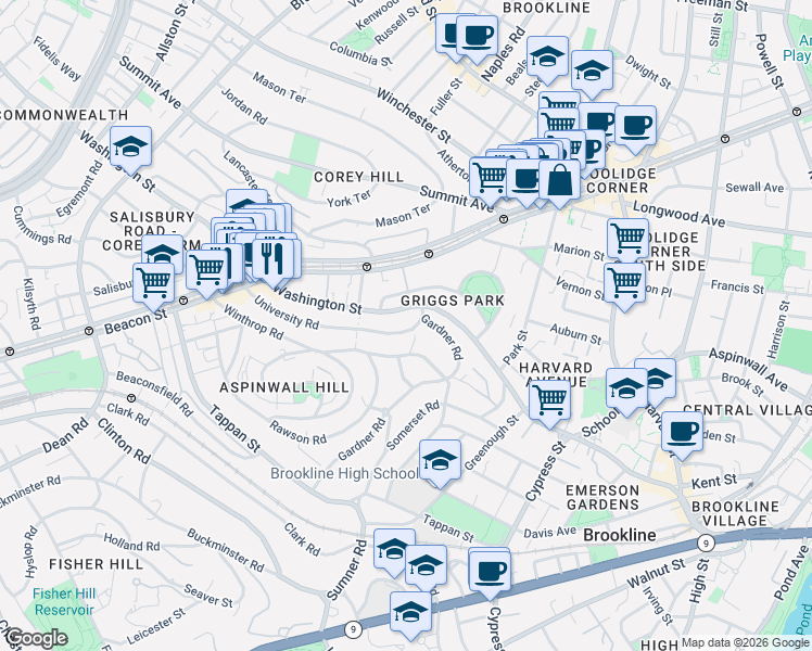 map of restaurants, bars, coffee shops, grocery stores, and more near 146 University Road in Brookline
