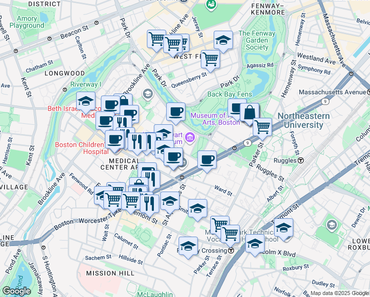 map of restaurants, bars, coffee shops, grocery stores, and more near 115 Palace Road in Boston