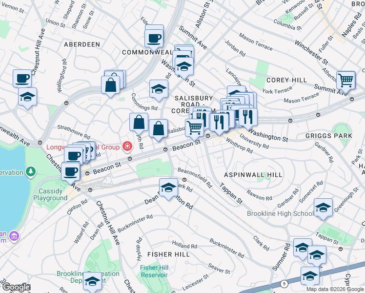 map of restaurants, bars, coffee shops, grocery stores, and more near 1745 Beacon Street in Brookline
