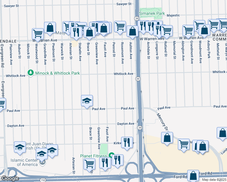 map of restaurants, bars, coffee shops, grocery stores, and more near 6390 Faust Avenue in Detroit