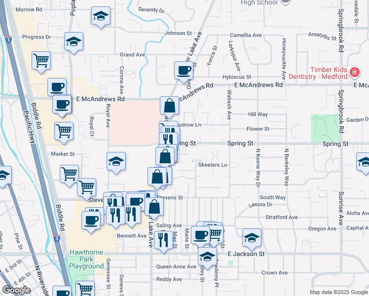 map of restaurants, bars, coffee shops, grocery stores, and more near 1080 Spring Street in Medford