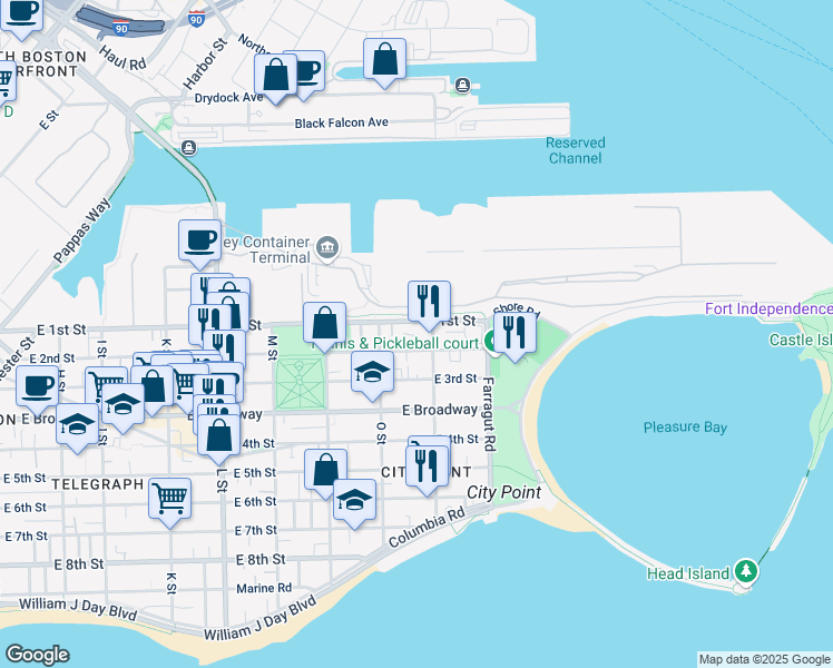 map of restaurants, bars, coffee shops, grocery stores, and more near 880 East 2nd Street in Boston