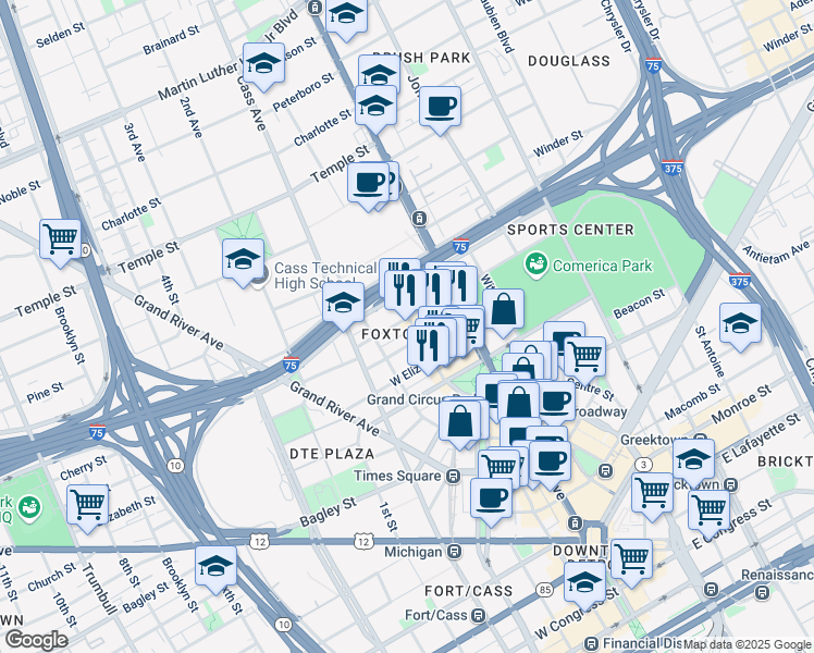 map of restaurants, bars, coffee shops, grocery stores, and more near 101 West Columbia Street in Detroit