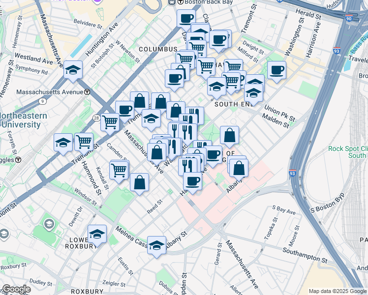 map of restaurants, bars, coffee shops, grocery stores, and more near Washington St & E Concord St in Boston