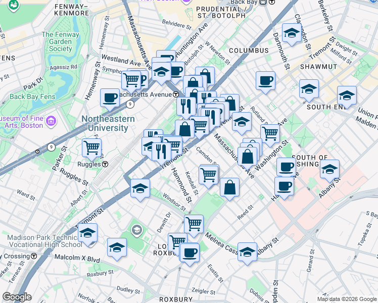 map of restaurants, bars, coffee shops, grocery stores, and more near 91 Lenox Street in Boston